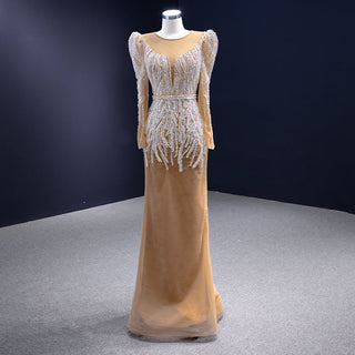 Champagne Elegance: Long Sleeve Beaded Mermaid Evening Dresses with Detachable Train