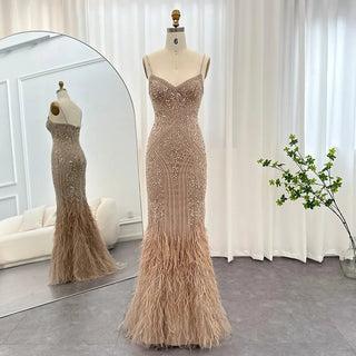 Champagne Feathers Elegance: Spaghetti Straps Luxury Evening Dresses for Women's Wedding, Long Mermaid Party, and Prom Attire