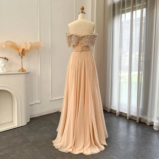 Champagne Glamour: Luxury Crystal Dubai Evening Dress - Perfect for Women's Weddings, Guest Parties, and Elegant Arabic Formals