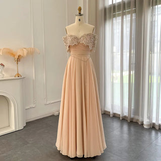 Champagne Glamour: Luxury Crystal Dubai Evening Dress - Perfect for Women's Weddings, Guest Parties, and Elegant Arabic Formals