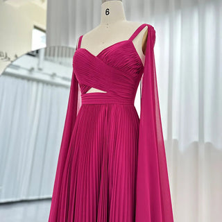 Chic Arabic Elegance: Fuchsia Chiffon Dubai Evening Dresses with Cape Sleeves for Women's Yellow Wedding Parties and Formal Gowns (2024)