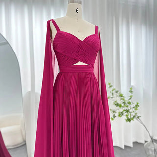 Chic Arabic Elegance: Fuchsia Chiffon Dubai Evening Dresses with Cape Sleeves for Women's Yellow Wedding Parties and Formal Gowns (2024)