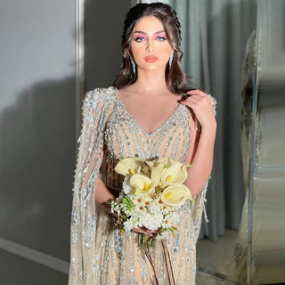 Crystal Cascade: Arabic Cape-Sleeved Evening Gown for Dubai Elegance