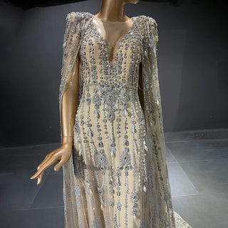 Crystal Cascade: Arabic Cape-Sleeved Evening Gown for Dubai Elegance