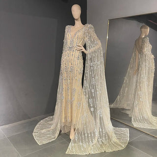 Crystal Cascade: Arabic Cape-Sleeved Evening Gown for Dubai Elegance