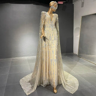 Crystal Cascade: Arabic Cape-Sleeved Evening Gown for Dubai Elegance