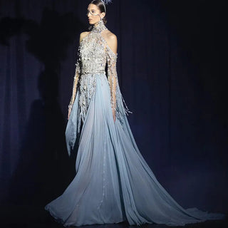 Crystal Pearl Majesty: Dubai-Inspired Evening Gown with Elegant Cape and High Neck - The Quintessence of Formal Wear for Weddings.