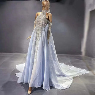 Crystal Pearl Majesty: Dubai-Inspired Evening Gown with Elegant Cape and High Neck - The Quintessence of Formal Wear for Weddings.