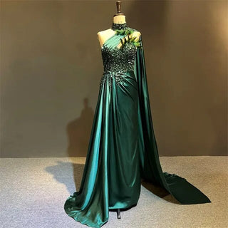 Dark Green High Neck One Shoulder Evening Dress with Beads and Feathers