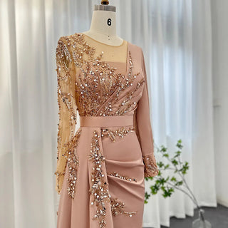 Desert Rose Brilliance: Long-Sleeved Rose Gold Mermaid Evening Gown - Dubai-Inspired Grandeur for Arabic Weddings and Formal Dinners.