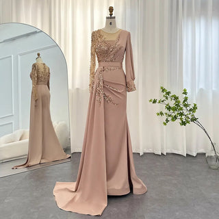 Desert Rose Brilliance: Long-Sleeved Rose Gold Mermaid Evening Gown - Dubai-Inspired Grandeur for Arabic Weddings and Formal Dinners.