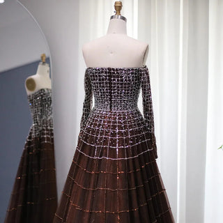 Dubai Decadence: Brown Off-Shoulder Long Sleeve Arabic Gala Gown