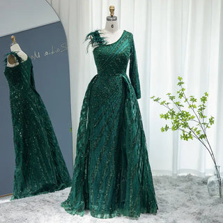 Dubai Feathers in Grace: Luxury One-Shoulder Arabic Evening Dress for Wedding Guests, Tailored to Plus Size Women, Perfect for Formal Parties.