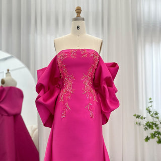 Dubai Fuchsia Dreams: 2024 Luxury Mermaid Evening Dress with Cape Shawl for Arabic Women at Long Wedding Parties and as Esteemed Guests.