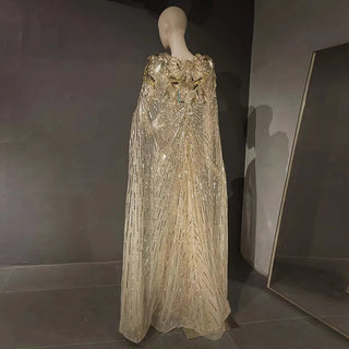 Dubai Gold Radiance: Luxury Evening Dress with Sparkly Beaded Cape, Perfect for Elegant Women at Wedding Parties and Formal Events.