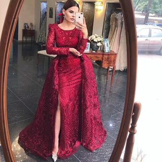 Ships in 1 to 3 Days - Muslim Wine Red Mermaid Evening Gown: Elegant Luxury Beaded Elegance for Women 2024