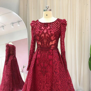 Ships in 1 to 3 Days - Muslim Wine Red Mermaid Evening Gown: Elegant Luxury Beaded Elegance for Women 2024