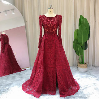 Ships in 1 to 3 Days - Muslim Wine Red Mermaid Evening Gown: Elegant Luxury Beaded Elegance for Women 2024