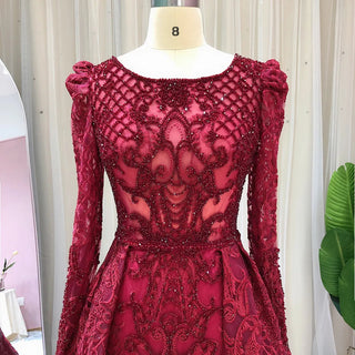 Ships in 1 to 3 Days - Muslim Wine Red Mermaid Evening Gown: Elegant Luxury Beaded Elegance for Women 2024