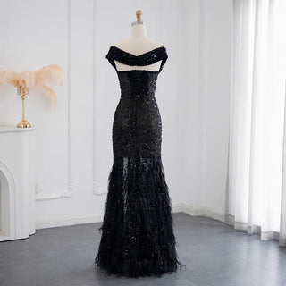 Dubai Midnight: Black Feathered Mermaid Dress with Off Shoulder & High Slit for Wedding Guests