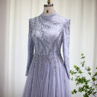 Dubai Mist: Elegant Grey-Blue Muslim Gown with Long Sleeves for Arabic Wedding Celebrations.