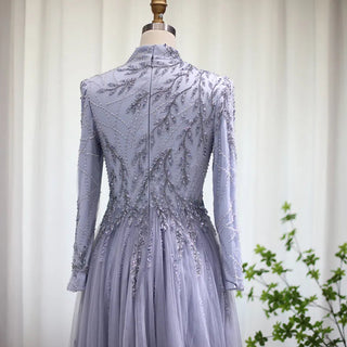 Dubai Mist: Elegant Grey-Blue Muslim Gown with Long Sleeves for Arabic Wedding Celebrations.