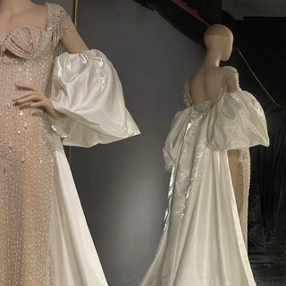 Dubai Radiance: Crystal-Encrusted Nude & White Mermaid Gown with Cape