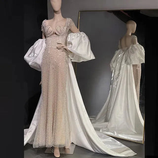 Dubai Radiance: Crystal-Encrusted Nude & White Mermaid Gown with Cape