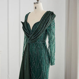 Dubai Splendor: Emerald Green Mermaid Evening Dress with Overskirt and Gold Arabic-inspired Elegance for Women's Weddings and Formal Affairs.