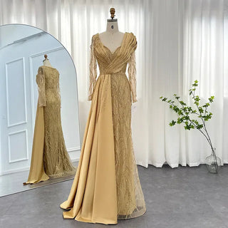 Dubai Splendor: Emerald Green Mermaid Evening Dress with Overskirt and Gold Arabic-inspired Elegance for Women's Weddings and Formal Affairs.