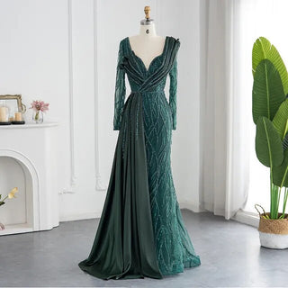 Dubai Splendor: Emerald Green Mermaid Evening Dress with Overskirt and Gold Arabic-inspired Elegance for Women's Weddings and Formal Affairs.