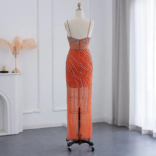 Dubai Sunset Radiance: Orange Spaghetti Straps Mermaid Evening Dress with Luxury Crystal Embellishments, Perfect for Women at Wedding Parties and Proms.