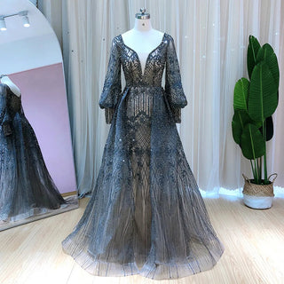 Ready to Ship - Dubai Twilight: Gray Overskirt Evening Dress with Arabic-inspired Luxury, Perfect for Plus Size Women at Wedding Parties.