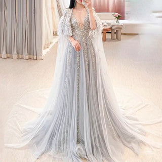 Same Day Shipping – Luxury Dubai Grey Evening Formal Dress with Feather Cape Shawl: Gold Arabic Women Wedding Party Gowns Long