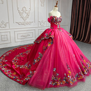 Elegance Unveiled: Satin Off-Shoulder Quinceañera Ball Gown Evening Party Dress with Long Train