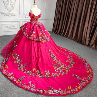 Elegance Unveiled: Satin Off-Shoulder Quinceañera Ball Gown Evening Party Dress with Long Train