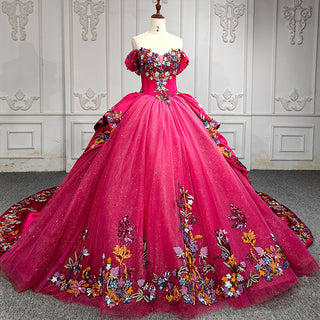 Elegance Unveiled: Satin Off-Shoulder Quinceañera Ball Gown Evening Party Dress with Long Train