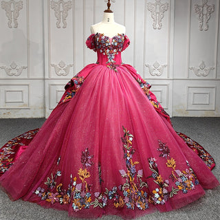 Elegance Unveiled: Satin Off-Shoulder Quinceañera Ball Gown Evening Party Dress with Long Train