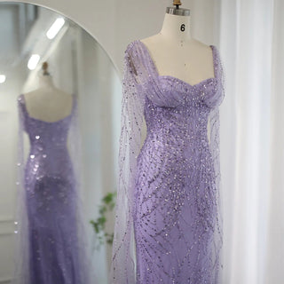 Elegant Arabic Women's Wedding and Formal Party Gowns: Lilac Mermaid Luxury Dubai Evening Dresses with Cape Sleeves