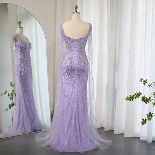 Elegant Arabic Women's Wedding and Formal Party Gowns: Lilac Mermaid Luxury Dubai Evening Dresses with Cape Sleeves