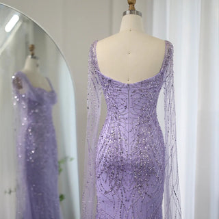 Elegant Arabic Women's Wedding and Formal Party Gowns: Lilac Mermaid Luxury Dubai Evening Dresses with Cape Sleeves