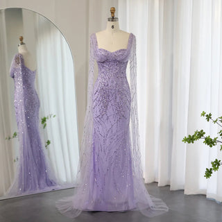 Elegant Arabic Women's Wedding and Formal Party Gowns: Lilac Mermaid Luxury Dubai Evening Dresses with Cape Sleeves