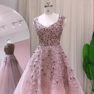 Elegant Ball Gown Rose Pink Evening Dress: Luxury Crystal Arabic Long Formal Dress for Women's Wedding Party