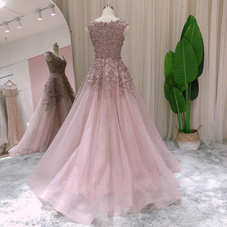 Elegant Ball Gown Rose Pink Evening Dress: Luxury Crystal Arabic Long Formal Dress for Women's Wedding Party