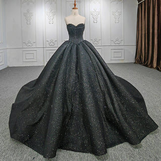 Elegant Black Strapless Chapel Train Quinceañera Dresses for Women's Special Parties