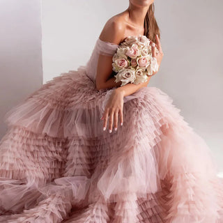 Elegant Blush Pink Off-Shoulder Ruffles Evening Dress: Perfect for Women's Wedding, Prom, and Tiered Ball Gown Party Dresses