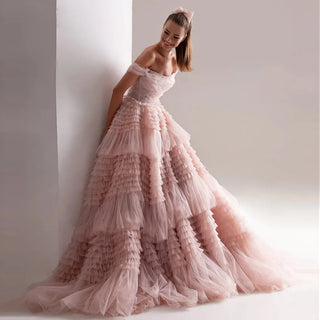 Elegant Blush Pink Off-Shoulder Ruffles Evening Dress: Perfect for Women's Wedding, Prom, and Tiered Ball Gown Party Dresses