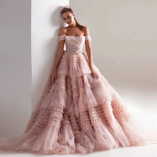 Elegant Blush Pink Off-Shoulder Ruffles Evening Dress: Perfect for Women's Wedding, Prom, and Tiered Ball Gown Party Dresses