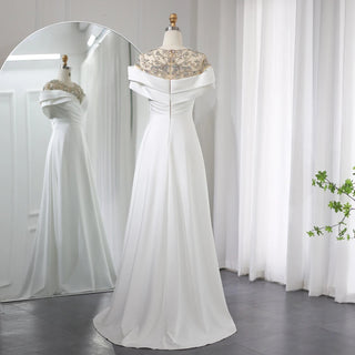 Elegant Cap Sleeve White Satin Evening Dresses for Wedding: Luxury Arabic Beaded Women's Long Formal Party Dress