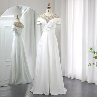 Elegant Cap Sleeve White Satin Evening Dresses for Wedding: Luxury Arabic Beaded Women's Long Formal Party Dress